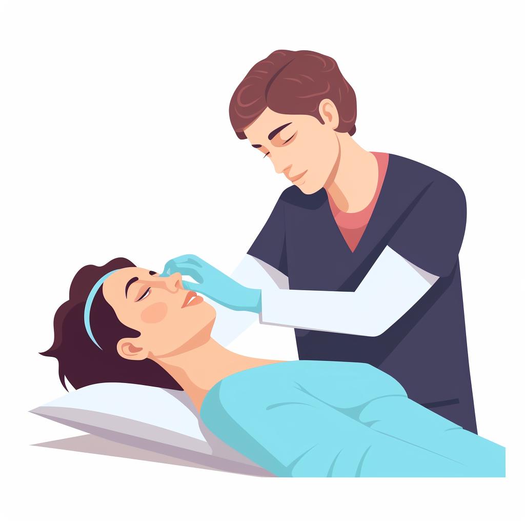 A professional preparing a patient's face for treatment
