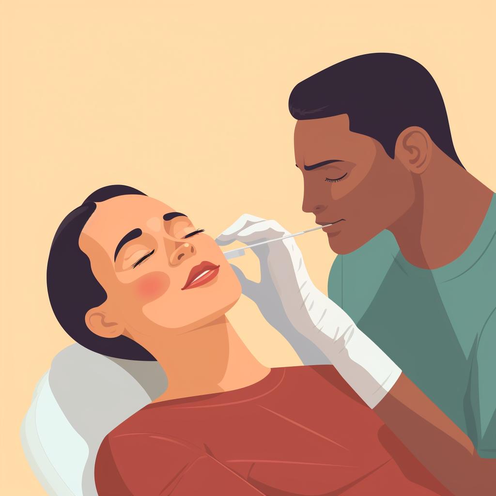 A professional applying numbing cream on a patient's chin and jawline